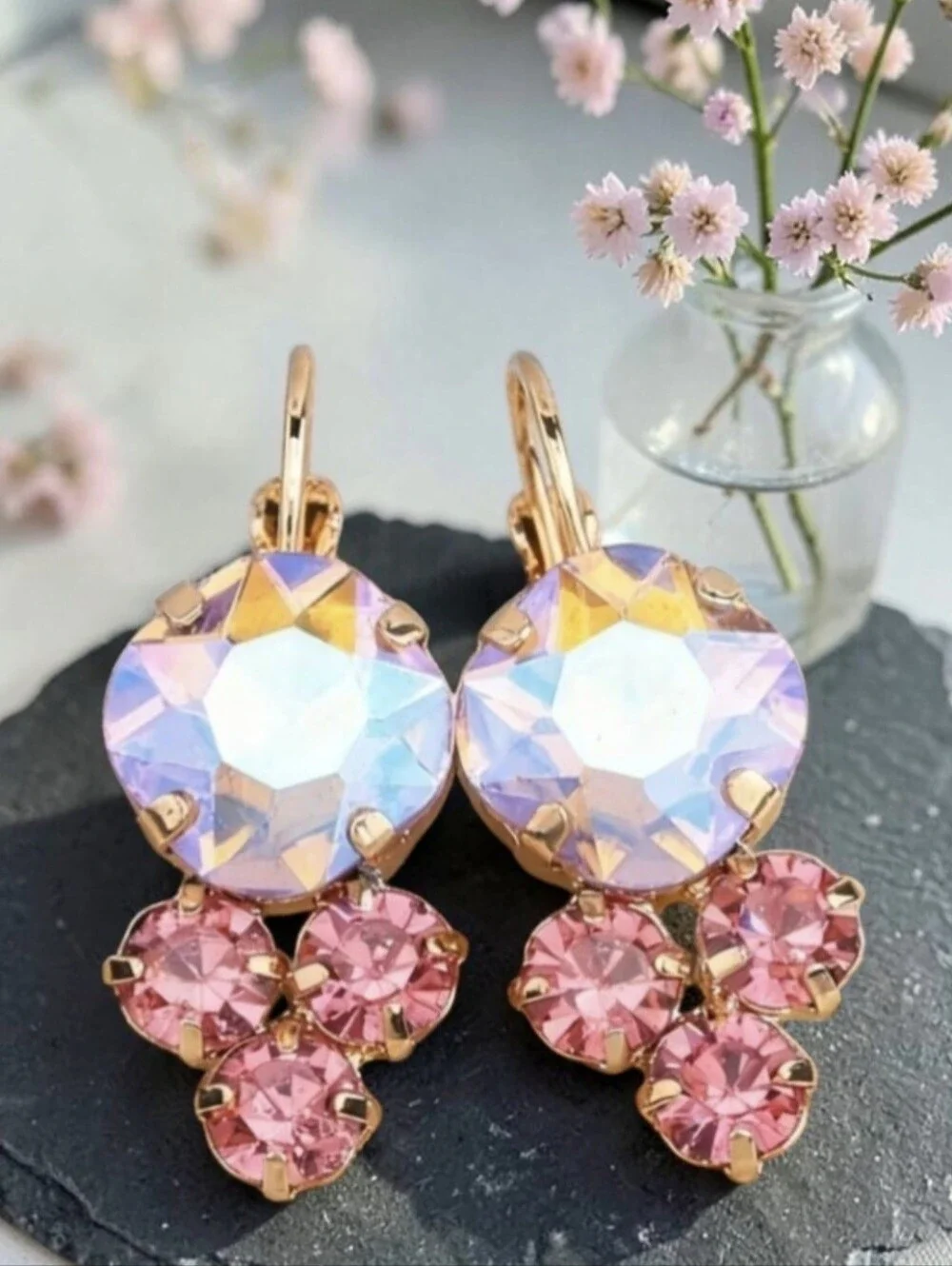 Lovely 18k Gold Plated AB Aurora Borealis Pink Crystal Earrings